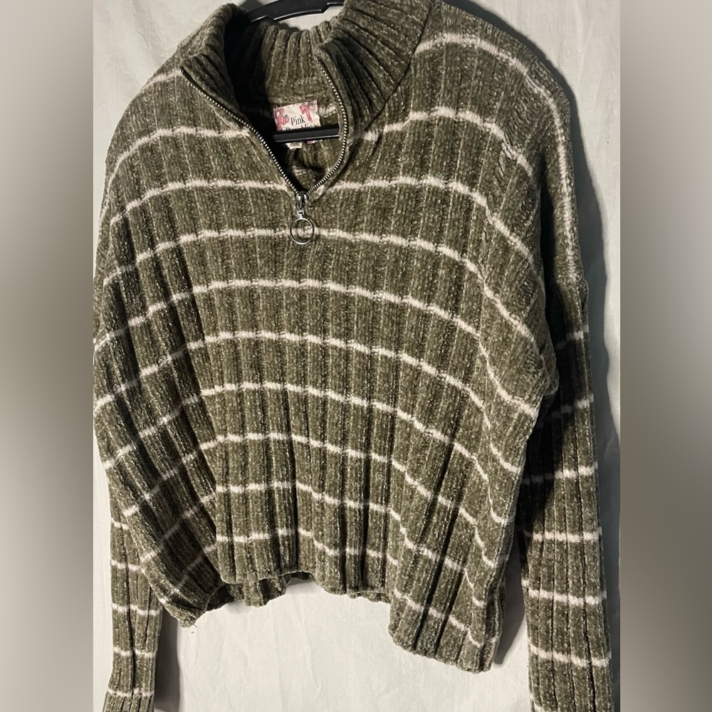 💰Pink Republic Olive Green and White Striped Cowl Neck 1/4 Zip Sweater